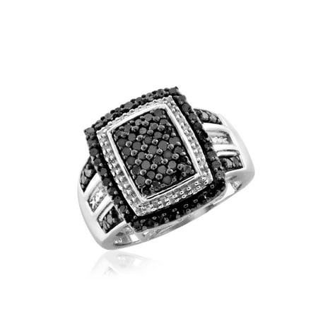 - 1.00 CTW Round cut Black & White Diamond Rectangle Shape Sterling Silver Ring