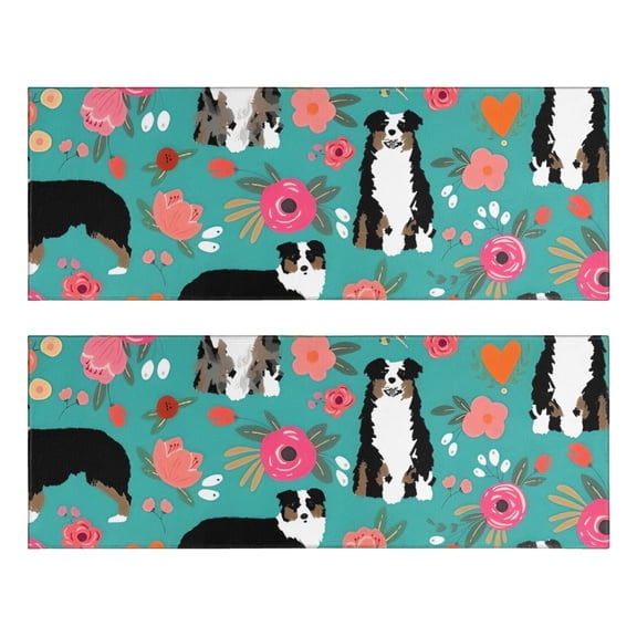 Kitchen Rugs Sets Of 2,Australian Shepherd Dog and Flower Anti Fatigue Kitchen Mat Rugs Non Slip Washable,Decorative Kitchen Floor Mats for Kitchen,Sink,Laundry,17"X47"