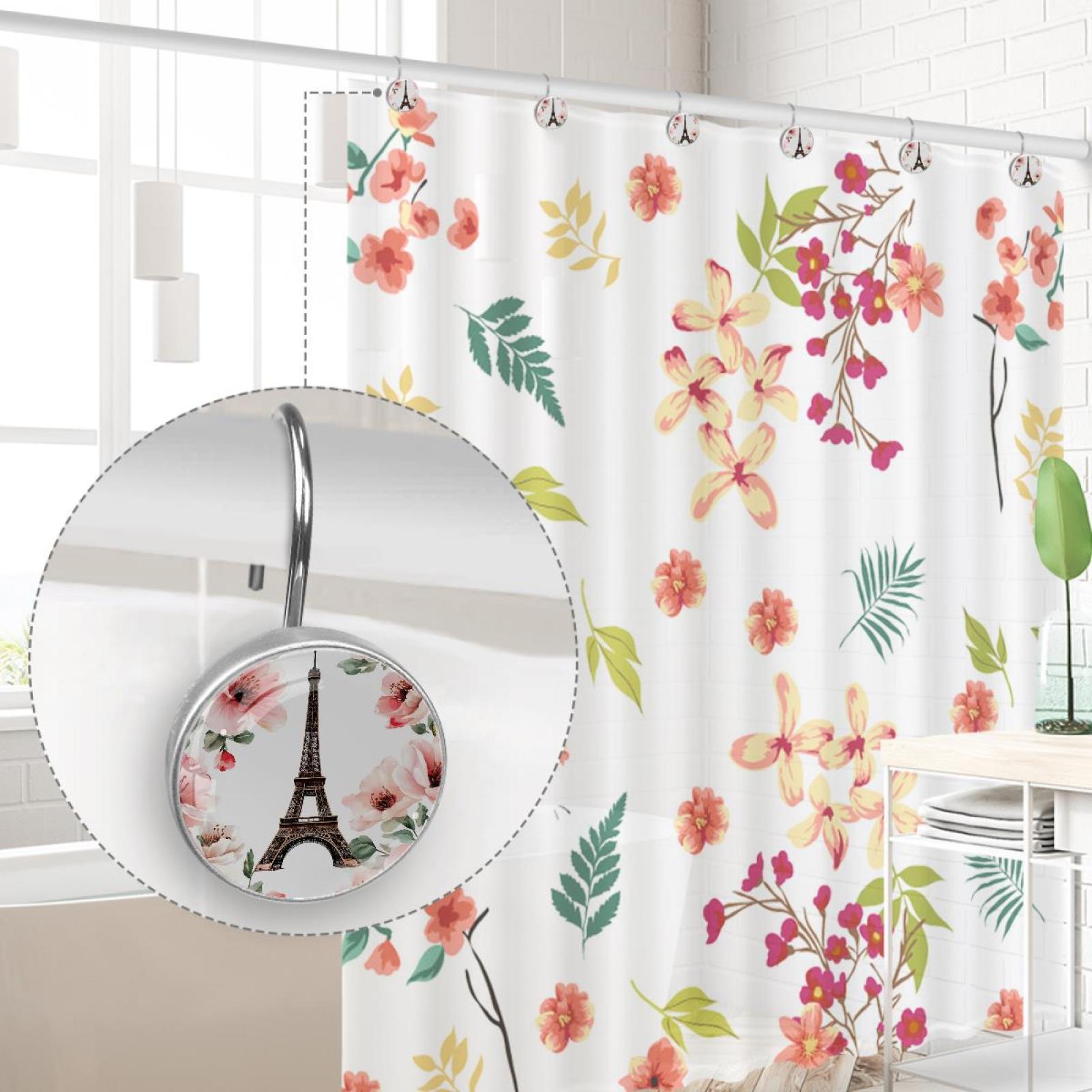 Blossom Pink Flowers Eiffel Tower Shower Curtain Hooks Round Crystal Glass, Set of 12 Shower Curtain Rings - Shower Hooks for Curtain Shower Rings