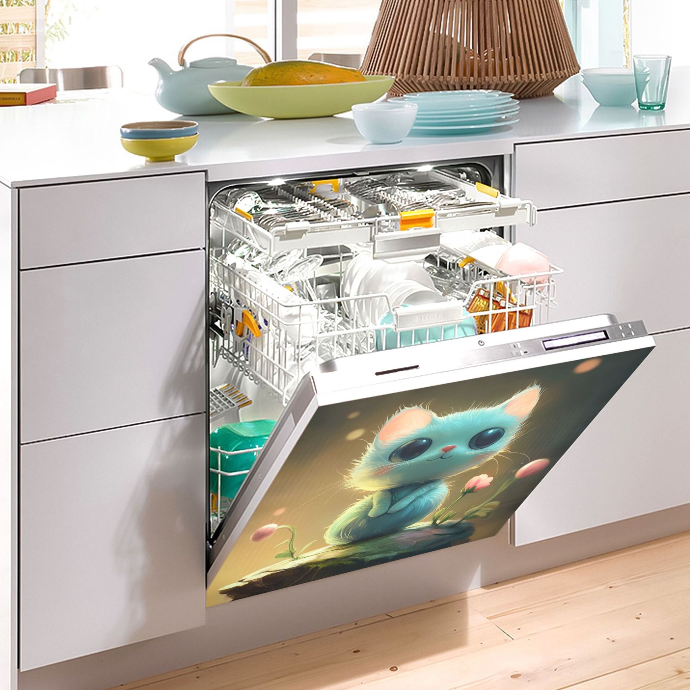 Dishwasher Magnetic Sticker 23x26 Inch Refrigerator Magnetic Sticker Washing Machine Magnetic Sticker Kitchen Panel Magnetic Sticker Home Decor Adorable Blue Cat