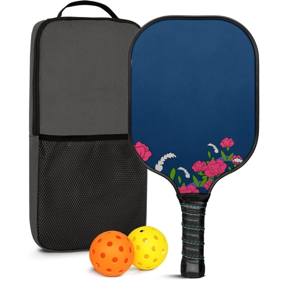 Pickleball Paddles Set Of 1, Fiberglass Surface, Vintage Floral Print, 1 Paddle, 2 Balls & Bag