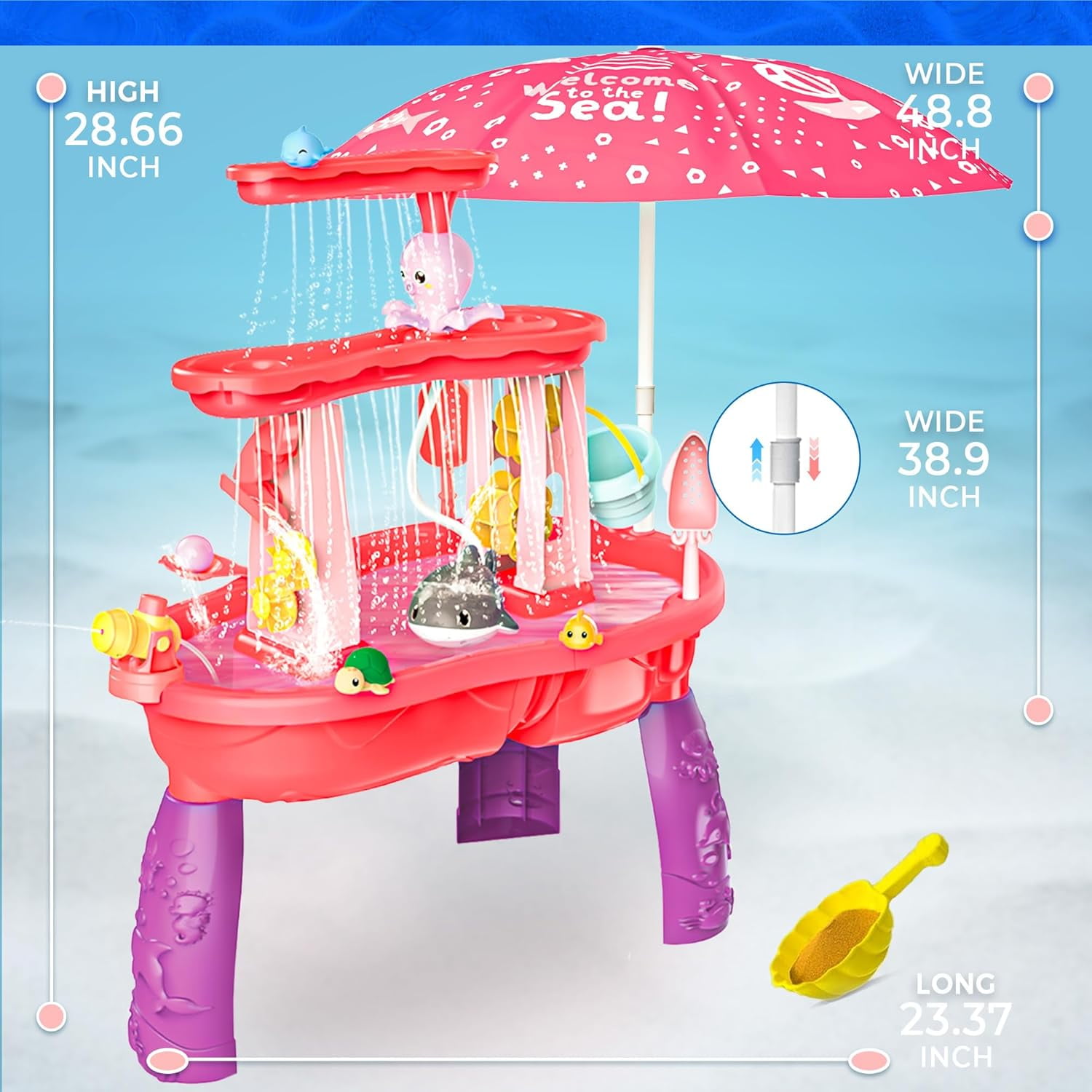 Water and Sand Table with Water Pumb & Umbrella - Summer Toys 3-Tier Kids Water Play Table, Outdoor Beach Toys with Cute Accessories
