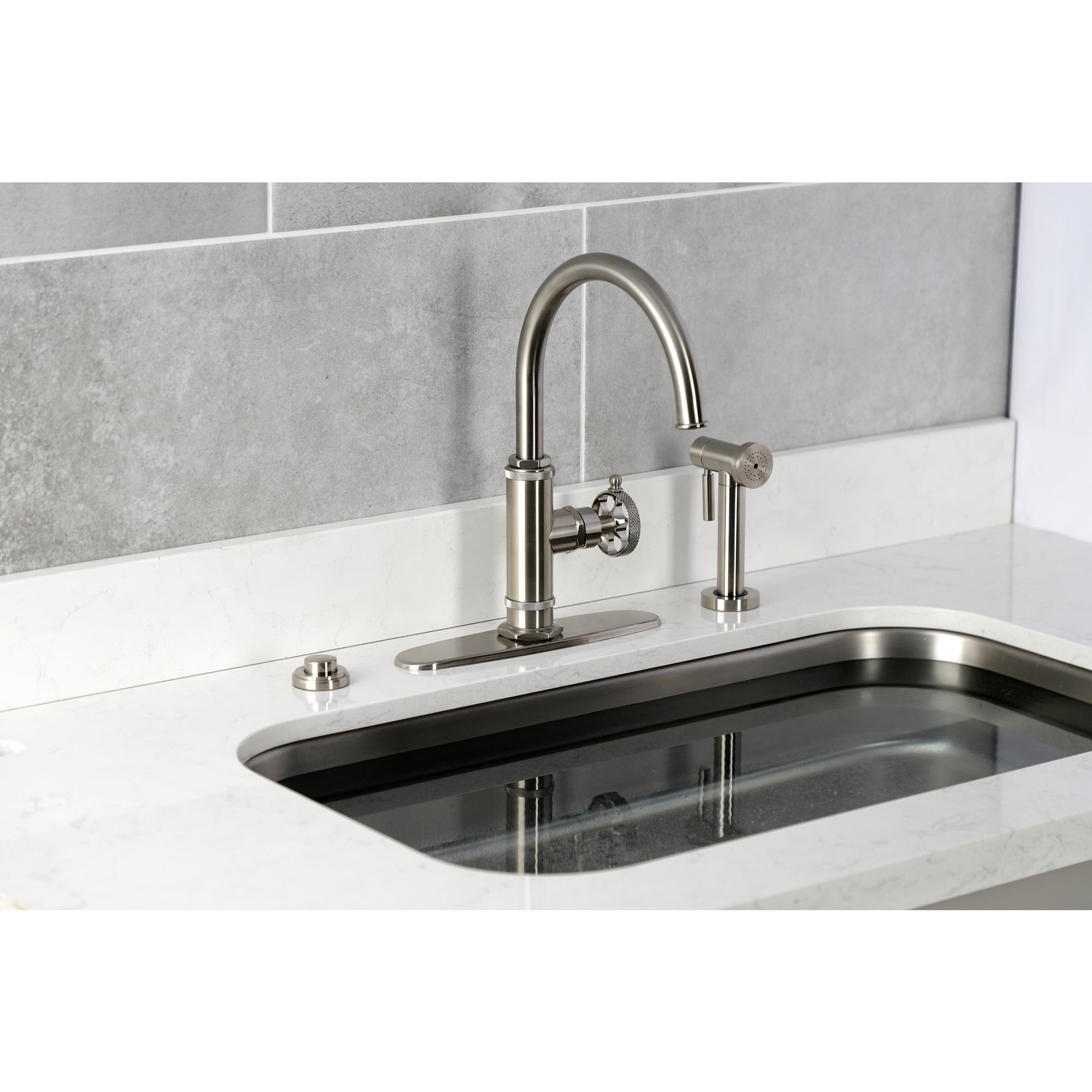 Kingston Brass KS2438RKX Webb Single-Handle Kitchen Faucet with Knurled Handle and Brass Side Sprayer, Brushed Nickel