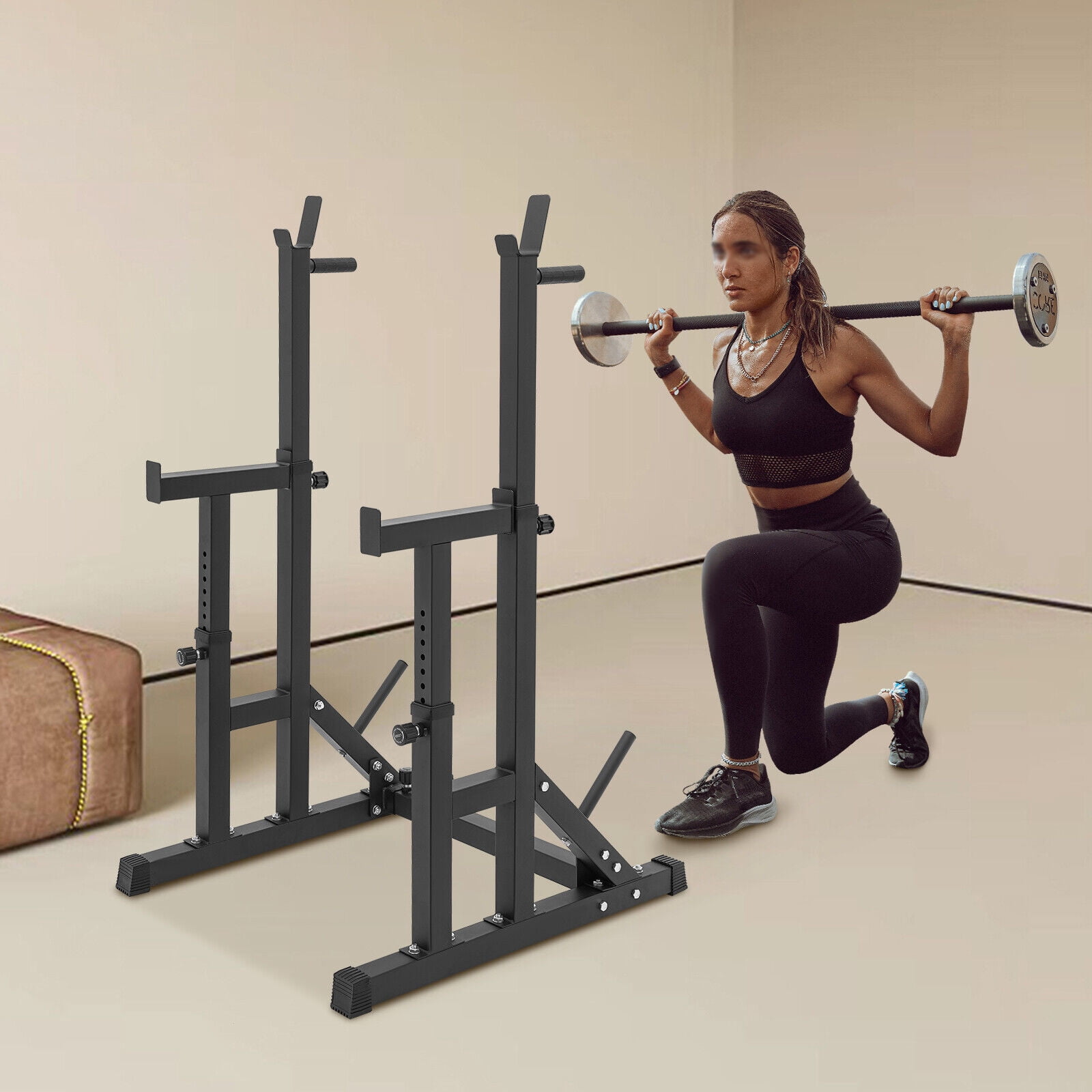 Barbell Rack Up to 551.16lbs Capacity, Multi-Functional Squat Rack Bench Press Rack with Adjustable Width & Height, Floor Mounted Squat Rack Stand for Home Gym