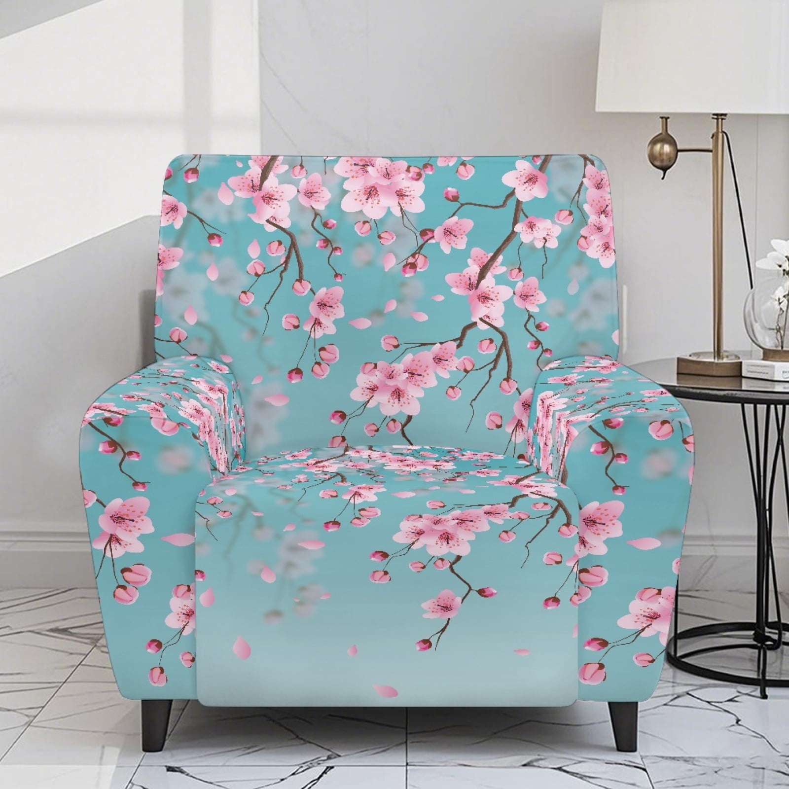 Xoenoiee Blue Cherry Blossom Print Recliner Cover 4 Pieces Lazy Boy Chair Covers Breathable Recliner Sofa Slipcover Anti-Slip Fitted Furniture Protector with Elastic Bottom
