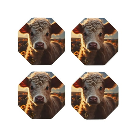 

Fuzoiu Sunset Sunflower Small Cow Print Leather Coasters Set Drink Coasters Set of 4 for Tabletop Protection Durable PVC Coasters Home Décor and Housewarming Gift-Octagon