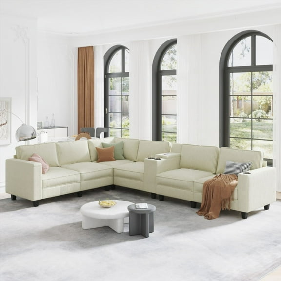 Modern L-shaped 6-seater Corduroy Sofa 133.4''*94.4'' with Large Storage and USB Charging