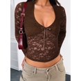 thumbnail image 2 of Women Y2K Lace Crop Top U Neck Bow-Knot Club Concert Clothes Going Out Tops Brown XXL, 2 of 7