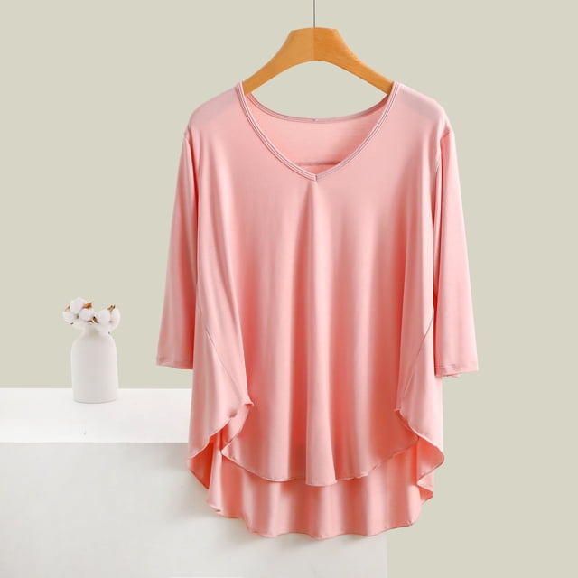 Blusa de pijama de manga larga para mujer, cuello en V, mangas 3/4, suelta, color liso, para estar en casa, blusa de pijama, blusa modal para mujer