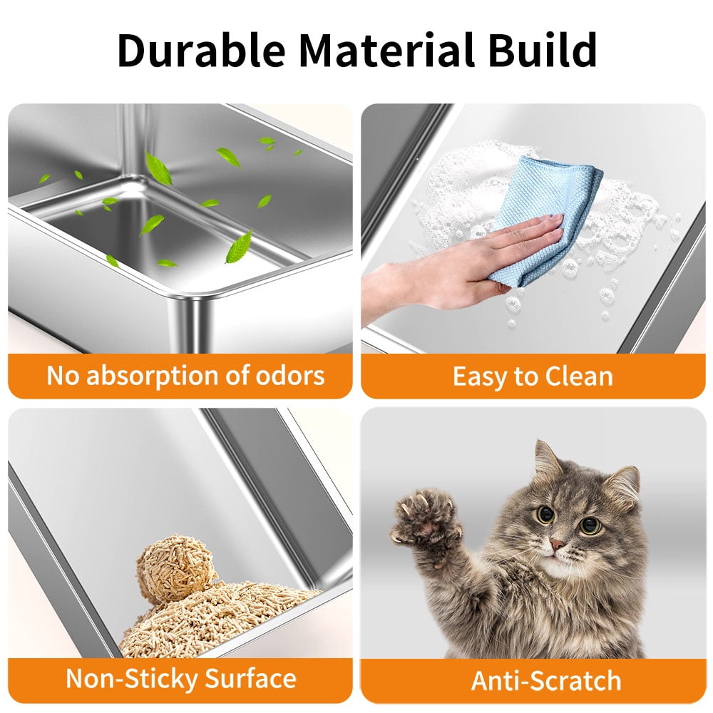CQSXDA High-Sided Odor-Resistant Cat Litter Box Made of Stainless Steel with Litter Scoop for Tidy Homes