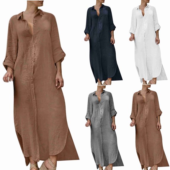 FRSASU Women's Plus Size Casual Button Down Front 3/4 Sleeve Linen Maxi Dress Side Slit Long Cardigan Cover Ups Shirt Dresses White
