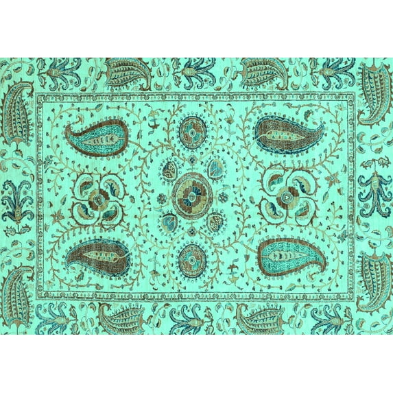 Ahgly Company Machine Washable Indoor Rectangle Abstract Turquoise Blue Modern Area Rugs, 2' x 5'