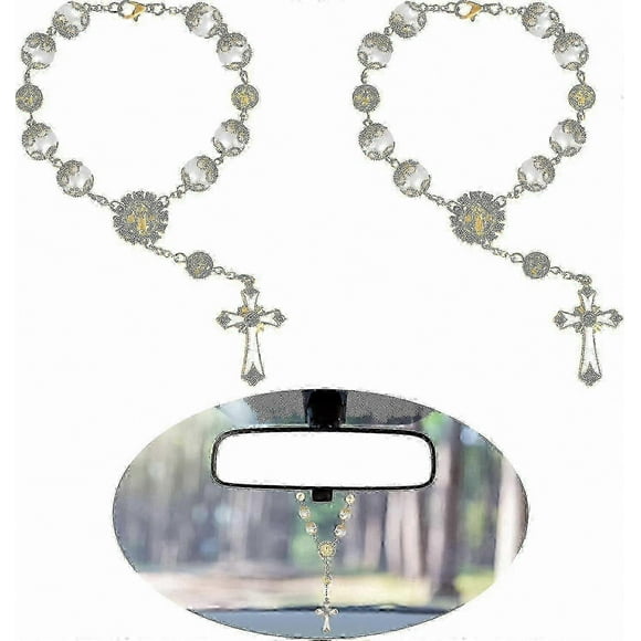 Rearview Mirror Cross Pendant, 2-Pack Car Hanging Decorative Rosary Accessories for Auto Mirror Decoration