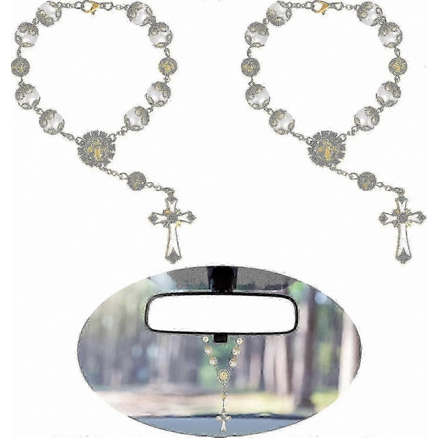 Rearview Mirror Cross Pendant, 2-Pack Car Hanging Decorative Rosary Accessories for Auto Mirror Decoration