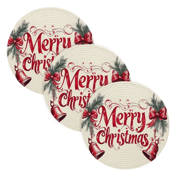BZSMCE Mats for Pots,Pans Place Red Merry Christmas Elegant Bell Painting Simple Style Pattern Pot Mats