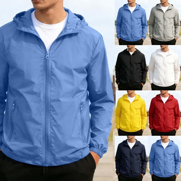 Men's Packable Windproof Lightweight Windbreaker Sun Protection Full Zip Hooded Shell Jacket with Zip Pockets for Outdoor Running Cycling