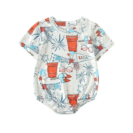 

Qtinghua Infant Baby Boy Girl 4th of July Romper USA Flag Short Sleeve Bubble Oversized Bodysuit Summer Outfits