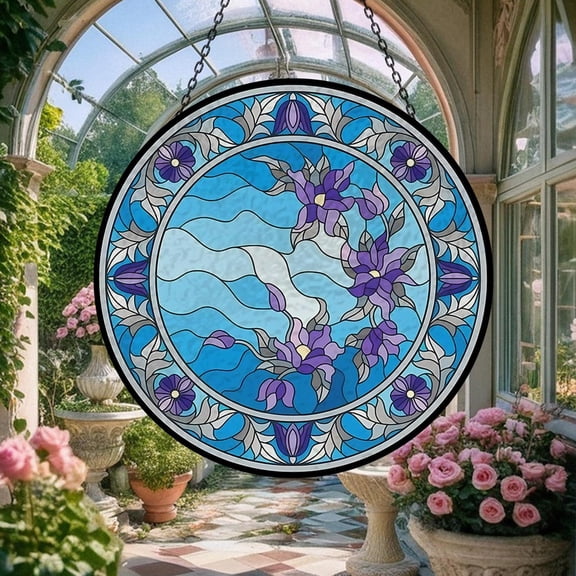 Blue Purple Lotus Glass Suncatcher, Eastern Floral Window Art, Botanical Beauty, 7.9 in