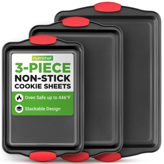 NutriChef 3-Piece Nonstick Baking Pan Set – Premium Steel Oven Bakeware with Red Silicone Handles, Heavy-Duty Commercial Grade Non-Stick Pans for Cookies, Cakes & Roasting – Easy to Clean Kitchen Set