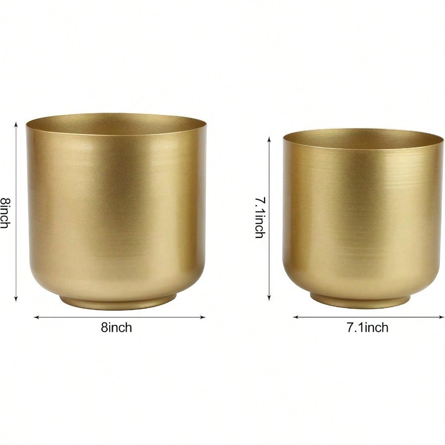 Large Gold Planters Metal Aloe Brass-Tone Plant Pots Indoor Decorative Flower Pots with Drain Holes 8+7.1Inch