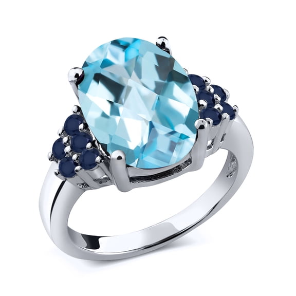 Gem Stone King 7.64 Ct Oval Checkerboard Sky Blue Topaz Blue Sapphire 925 Sterling Silver Ring (Size 5)