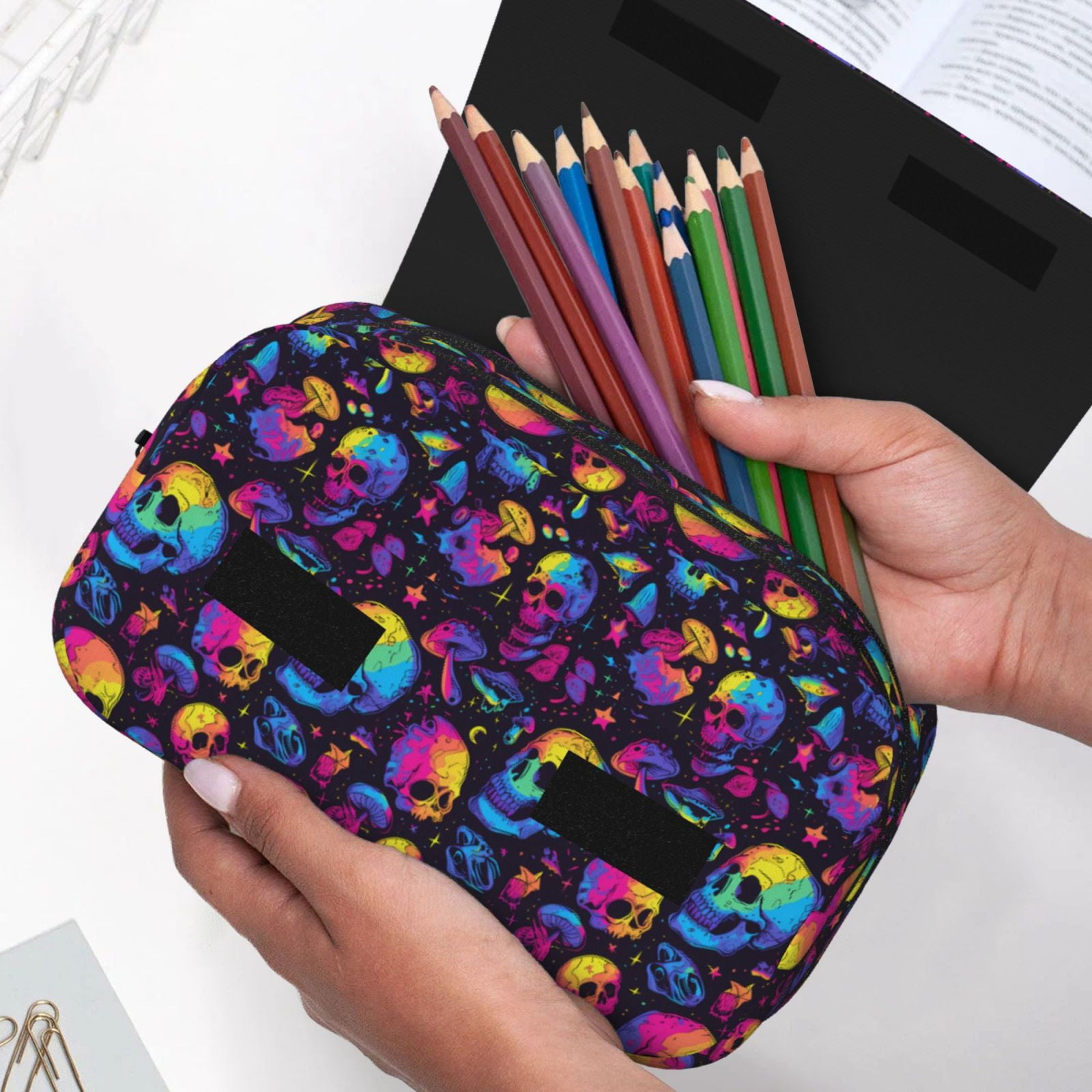 Rateoe mushroom rainbow color Skull Pattern Double Clamshell Pen Case, Storage Organizer with Two Zipper Compartments– Holds Up to 50 Pencils & Pens