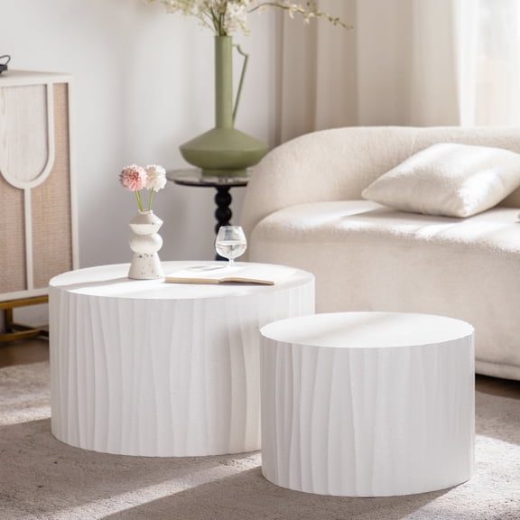Leumius Nesting Coffee Table Set of 2 Round Wooden Coffee Tables Circle Modern Table Accent End Side Table for Living Room Bedroom White