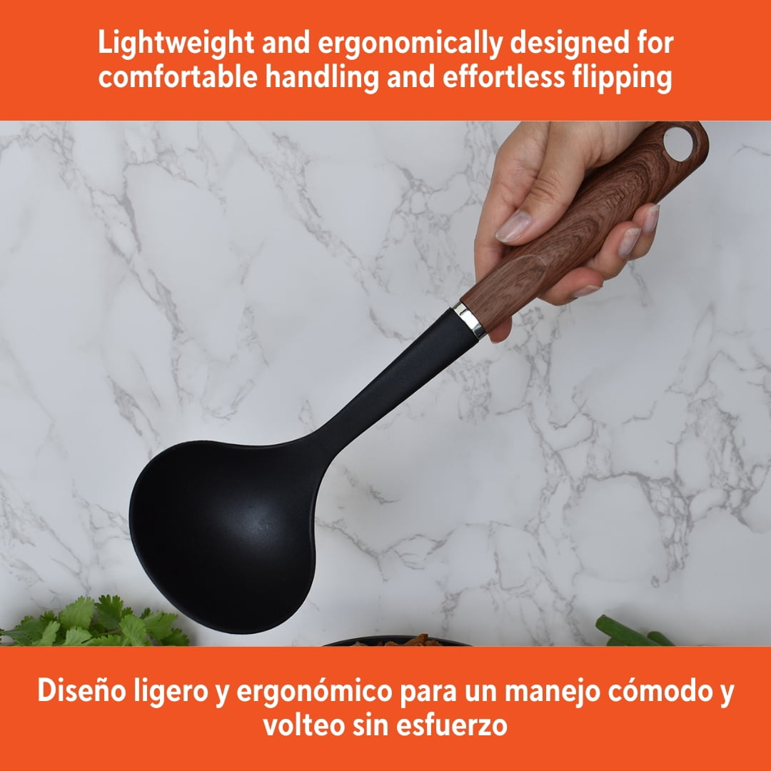 (2 pack) IMUSA Nylon Black Cooking Ladle with Woodlook Handle