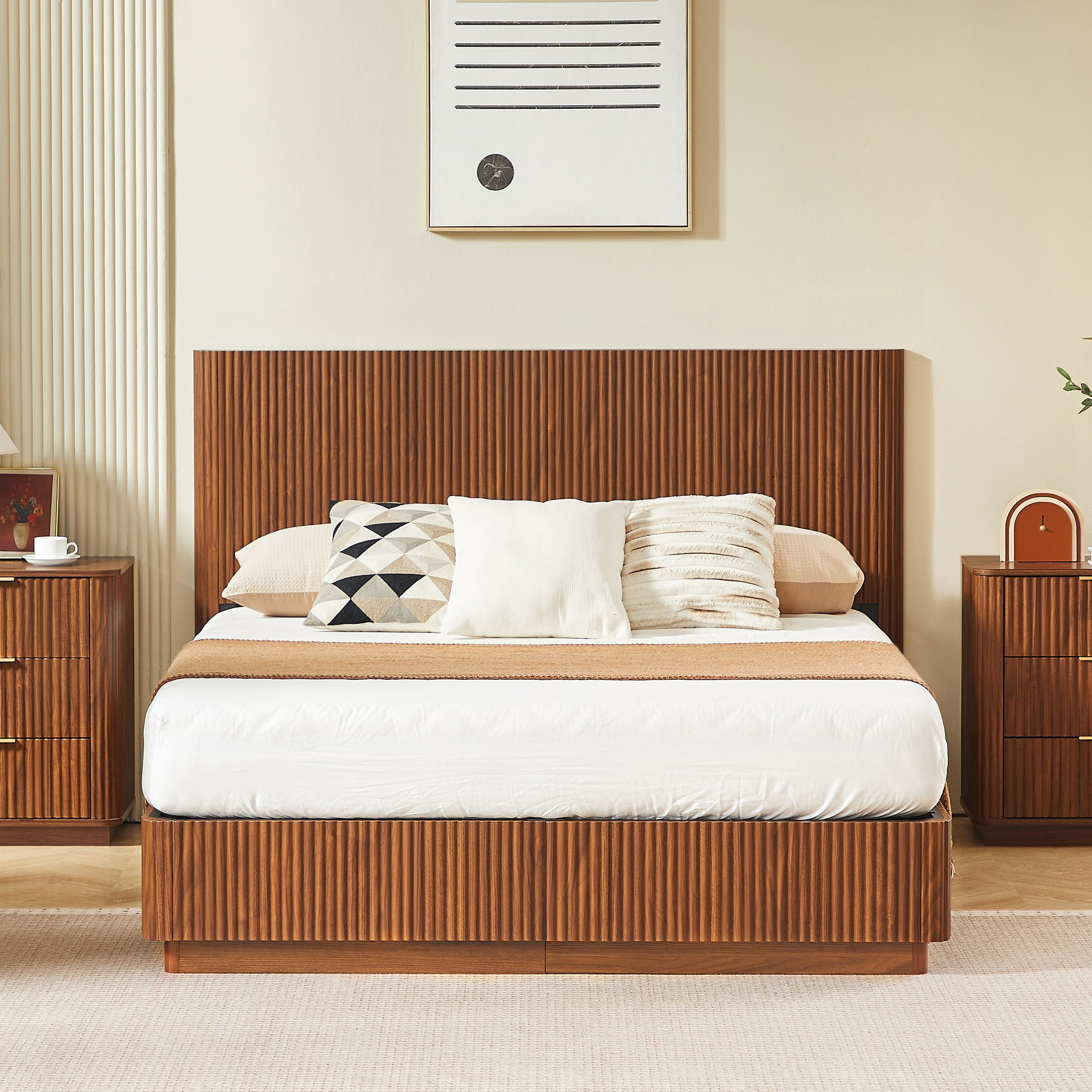 Queen Size Bed Frame with LED Lights, Modern Wooden Corrugated Curved Lines, Convex Groove Board Design