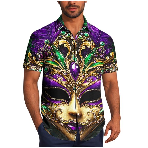 KeShDi Mardi Gras Shirts for Men Button Down Tshirts Short Sleeve Men Casual Fashion Turndown Collar Printing Short Sleeve Button Shirt Blouse Purple M