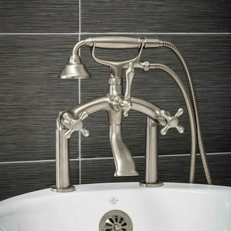 Pelham & White Luxury Clawfoot Bathtub or Freestanding Tub Filler Faucet, Vintage Design with Telephone Style Hand Shower, Deck Mount Installation, Cross Handles, Brushed Nickel (Best Prices On Clawfoot Tubs)