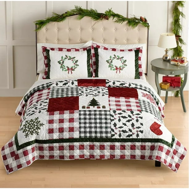 Christmas Farmhouse Plaid Patchwork Holidays Full / Queen Quilt & Shams