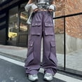 thumbnail image 6 of CPNG Girls Casual Baggy Cargo Pants Multi-Pocket Straight Wide Leg Drawstring Pants Loose Elastic Waist Fashion Cargo Trousers(Purple,14-15 Years), 6 of 7