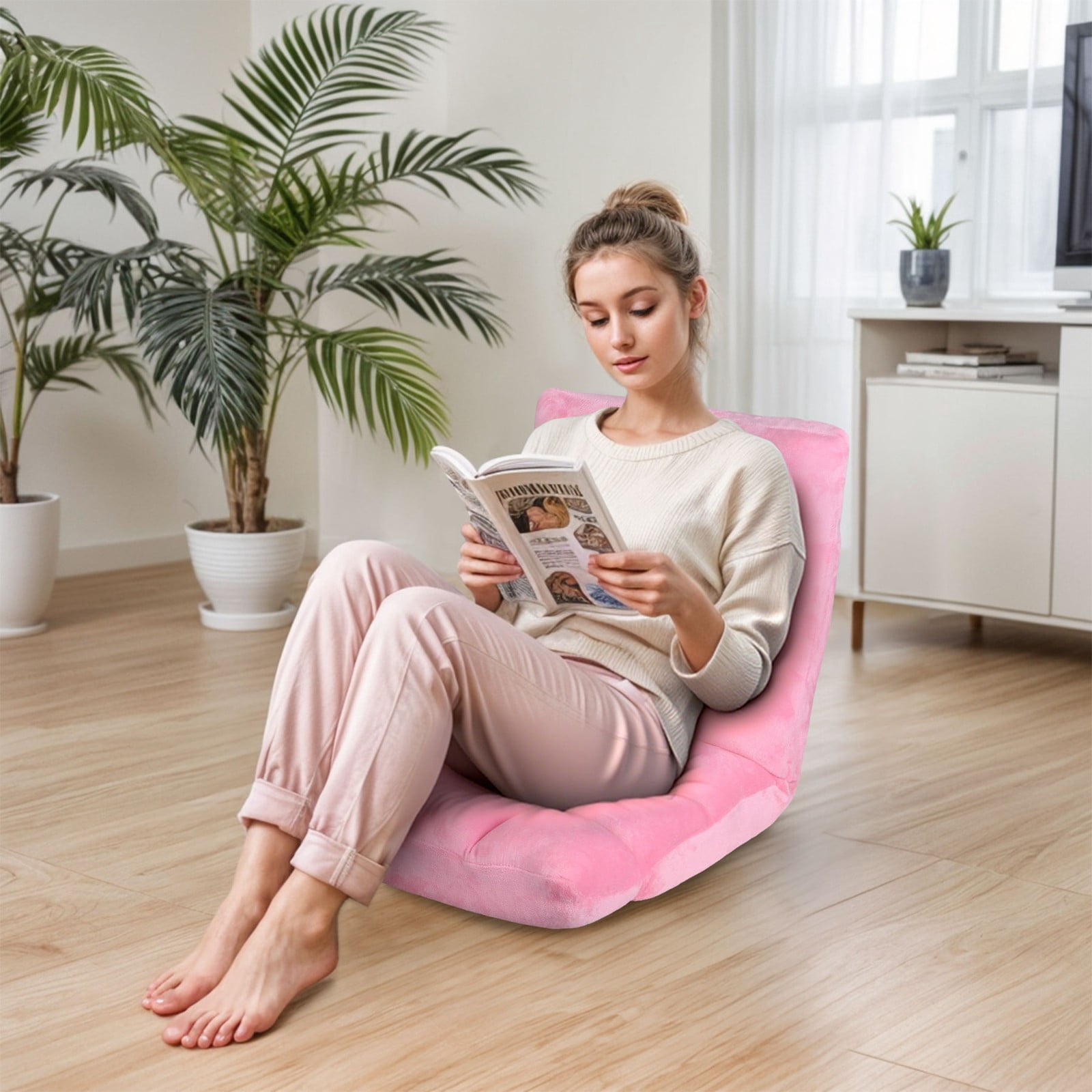 WDZS 14-Position Folding Floor Chair Gaming Sofa Cushioned Padded Reclining Bed Lounge Couch Seating for Comfy Reading, Reading, Gaming, Relaxing, Watching TV,Pink