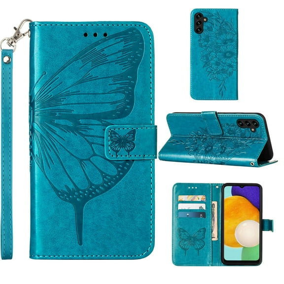 SaniMore Case for Samsung Galaxy A14 5G (6.6" 2023), PU Leather Skin with Luxury Embossed Butterfly [Wrist Strap & Card Slots & Flip Kickstand] Full-body Shockproof Business Wallet Cover, Blue