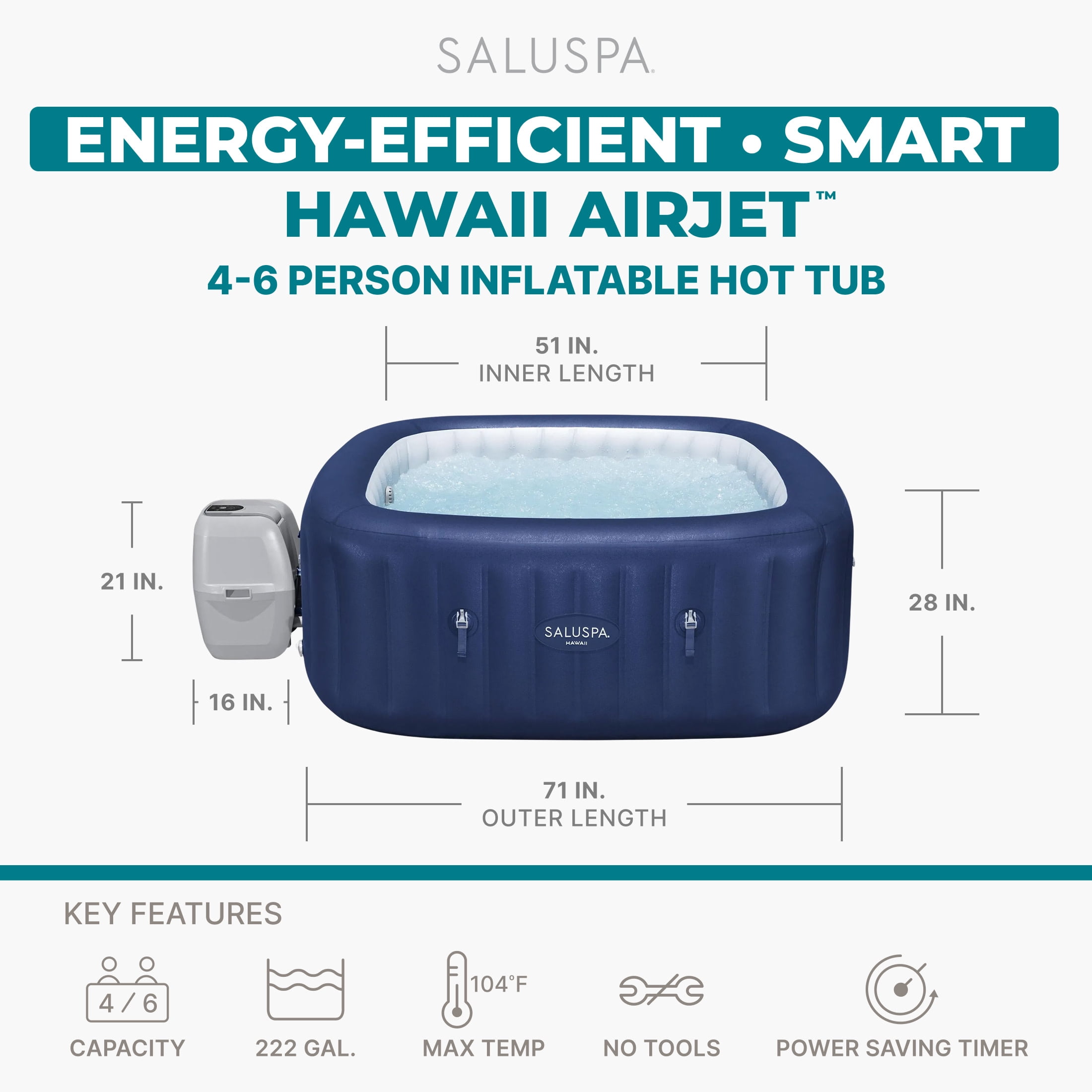 Open Box Bestway SaluSpa Hawaii 4-6 Person Inflatable Hot Tub, Square Energy-Efficient Spa, 71"x28"