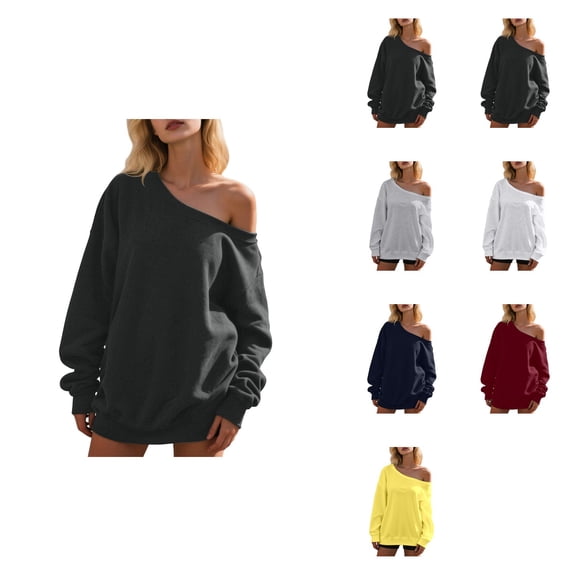 Women's Off-Shoulder Sweatshirt, Long Sleeve Oversized Pullover Top, Soft Stretchy Pure Color Casual Fashion Top for Spring Fall Winter, Trendy Y2K Style Loose Fit Daily Wear