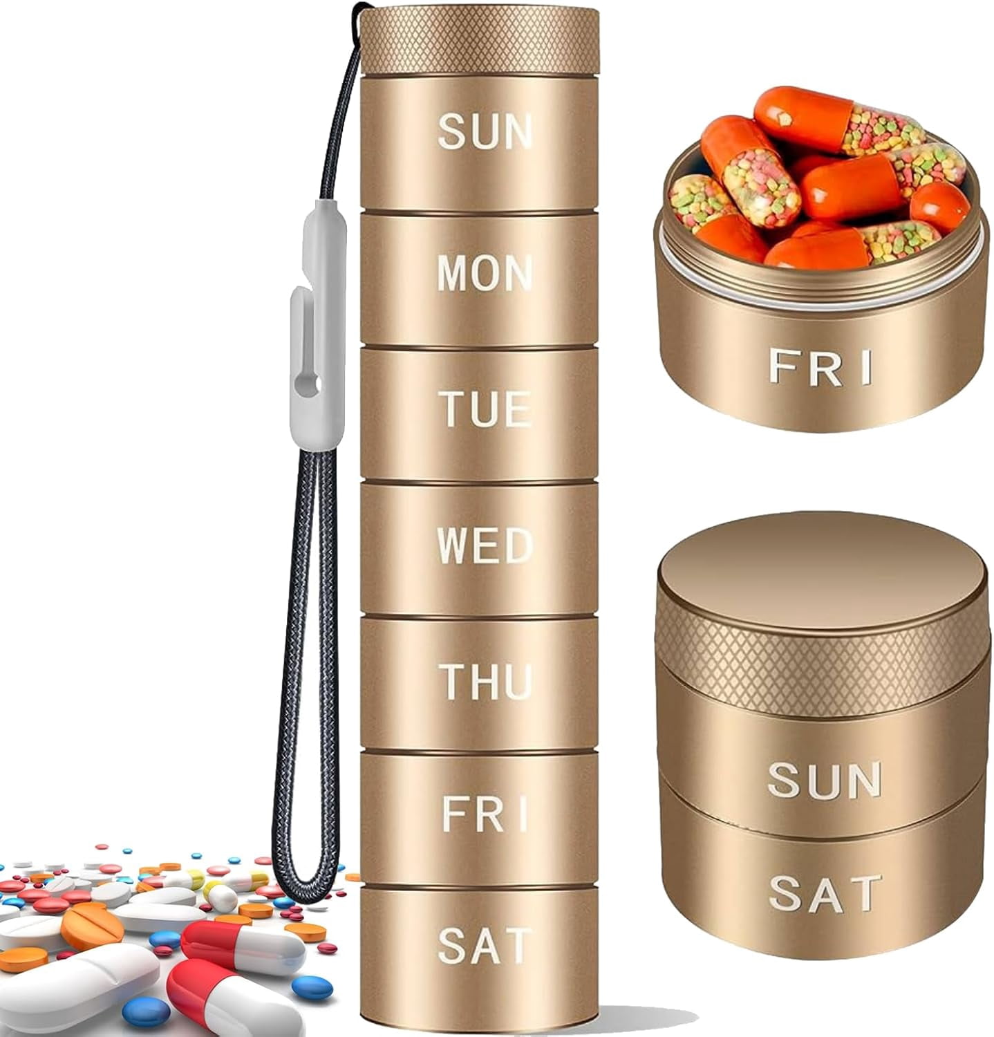 Weekly Pill Case with Removable Days, Sealed Pill Container Aluminum, Small Travel Stackable Pill Holder Nontoxic, Decorative Discreet Portable Pill Organizer 1 Time A Day