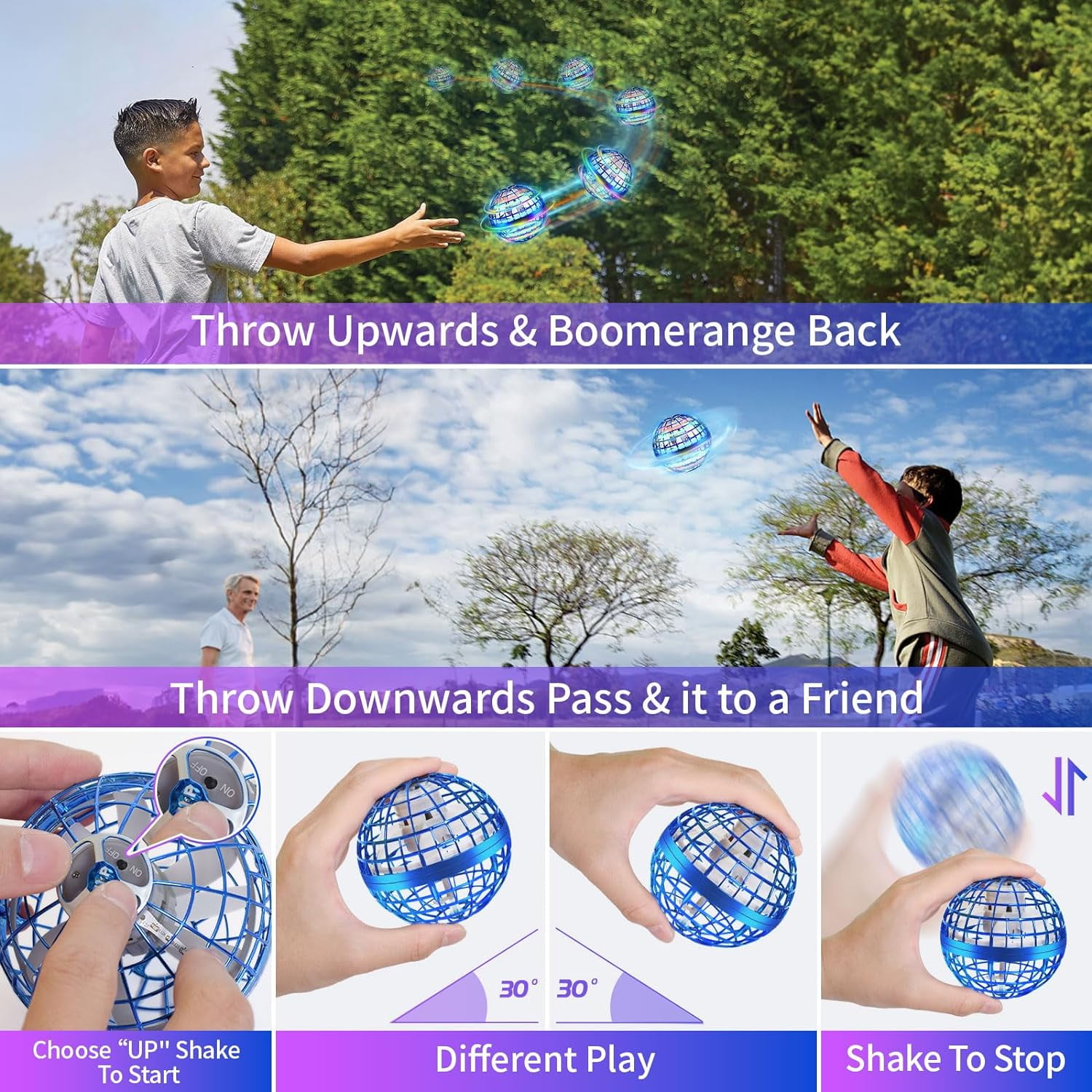 2 pack Flying Orb Ball Toy, Cosmic Globe Boomerang Hover Ball Galactic Fidget Spinner,360°Rotating Boomerang Ball,Mini Floating Toy for Boys Girls Teens Indoor Outdoor Toys(Blue)