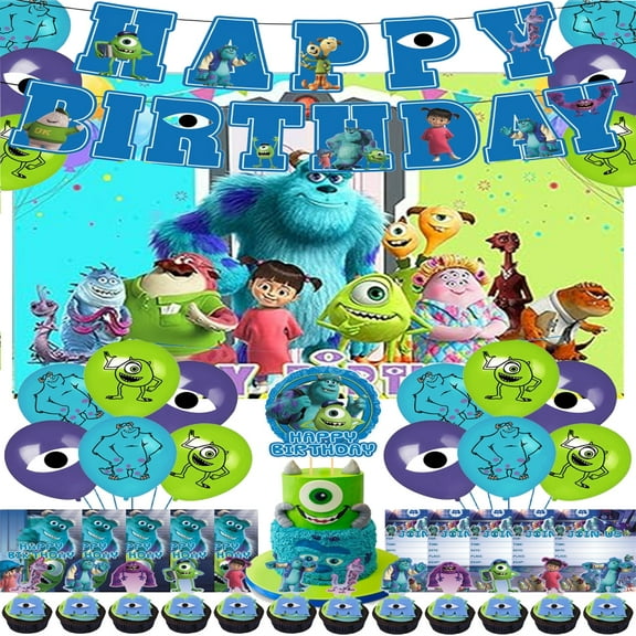 Monster University Party Decorations - Birthday Party Supplies with Banner, Cake Topper, 12 Cupcake Toppers, 18 Balloons，Background cloth