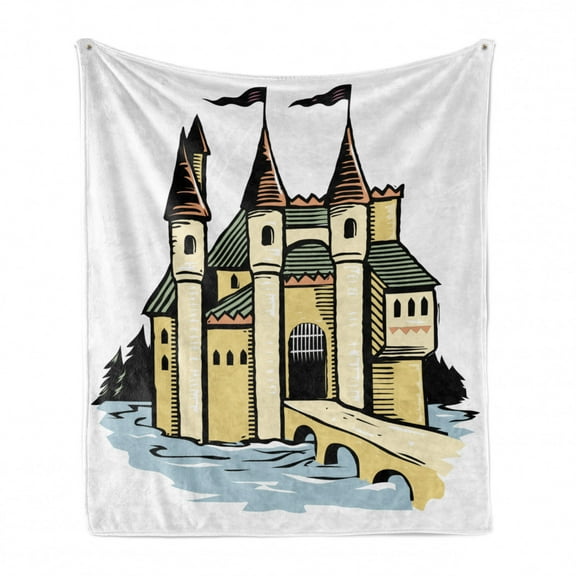 Castle Soft Flannel Fleece Throw Blanket, Fantasy Land Historic Fortress Illustration, Cozy Plush for Indoor and Outdoor Use, 60" x 80", White Multicolor, by Ambesonne
