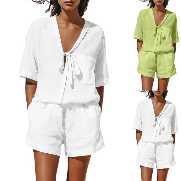 Linen Sets for Women 2 Piece Short Sleeve Tops and Wide Leg Shorts Summer Casual Fashion Beach Outfits White L