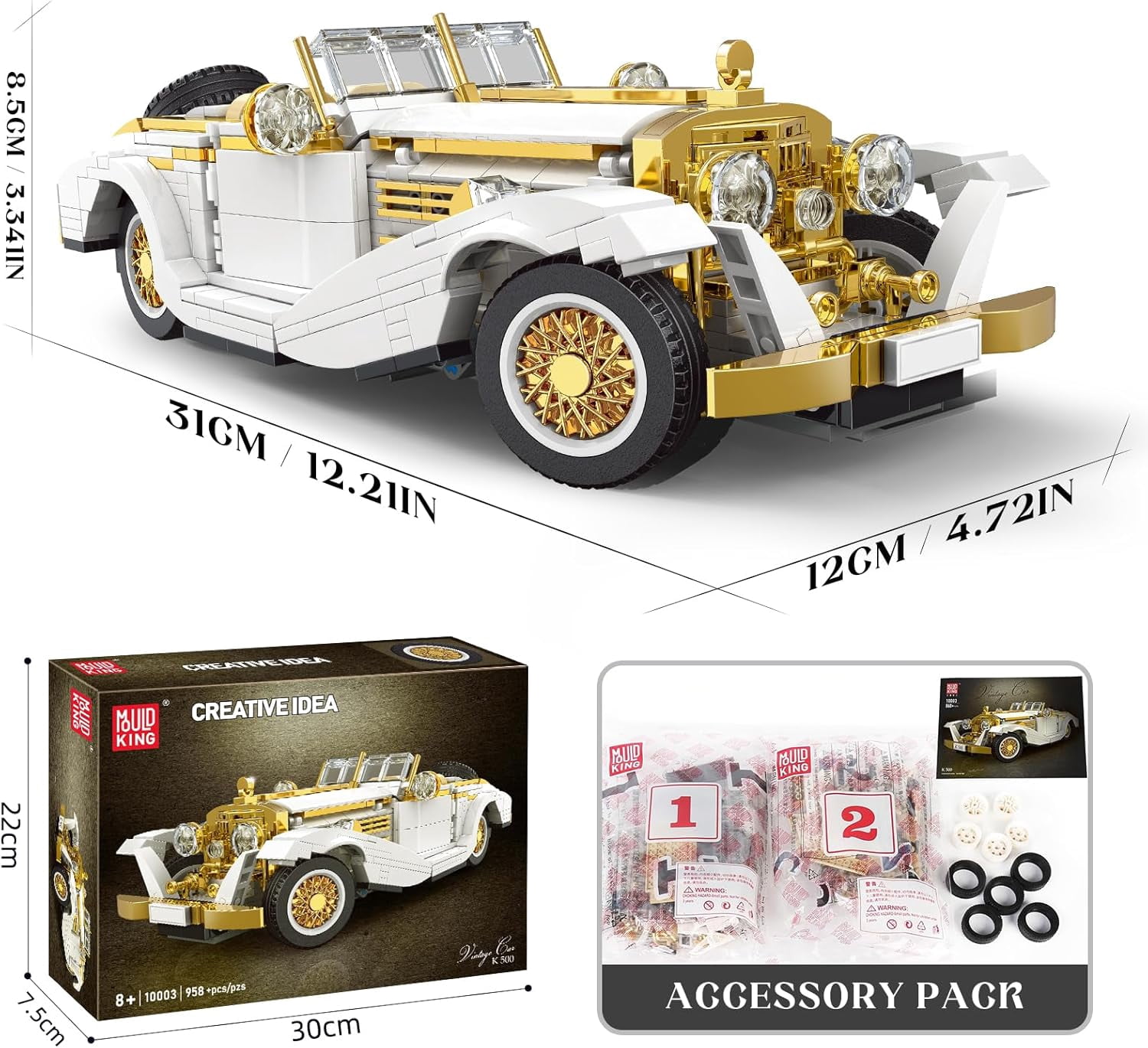 Classic Car Model Kit, MOC Vintage Car Building Blocks Set, Gift for Kids Age 8+/Adults Collections Enthusiasts (868+ Pieces, Static Version)