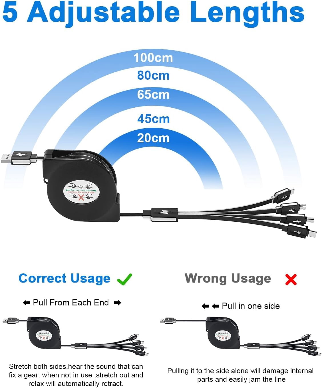 Multi Charging Cable 4 in 1 Multi USB Charger Cable Retractable Universal Multiple USB Charging Cord Adapter with Mini USB/IP/Micro USB/Type C Port for PS3/Samsung Galaxy/LG/HTC More [2Pack/3Ft]