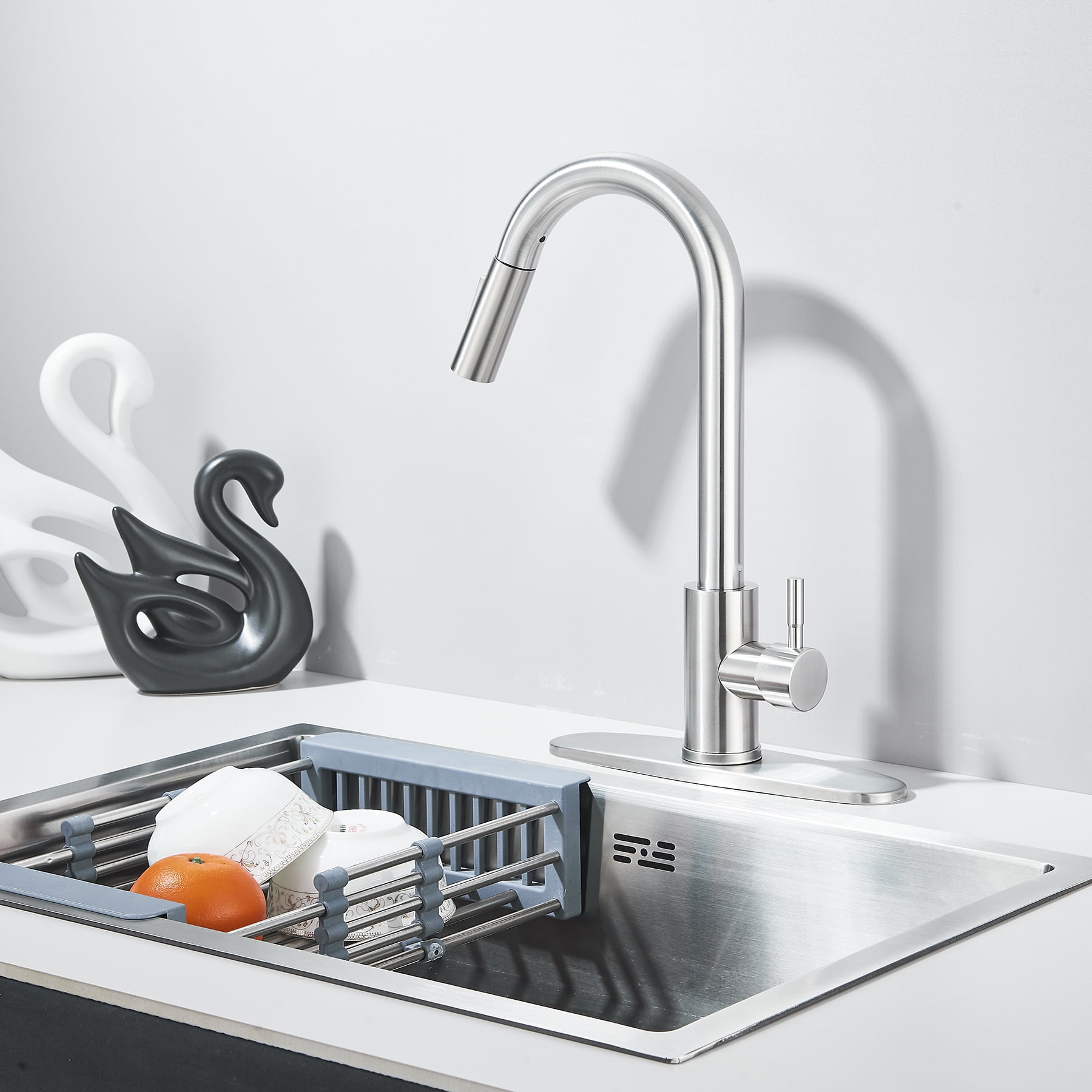 Zovajonia Modern Brushed Nickel Stainless Steel Kitchen Sink Faucets with Pull Down Sprayer, Single Handle，high arc，with 10 inch Deck Plate，1 or 3 Hole