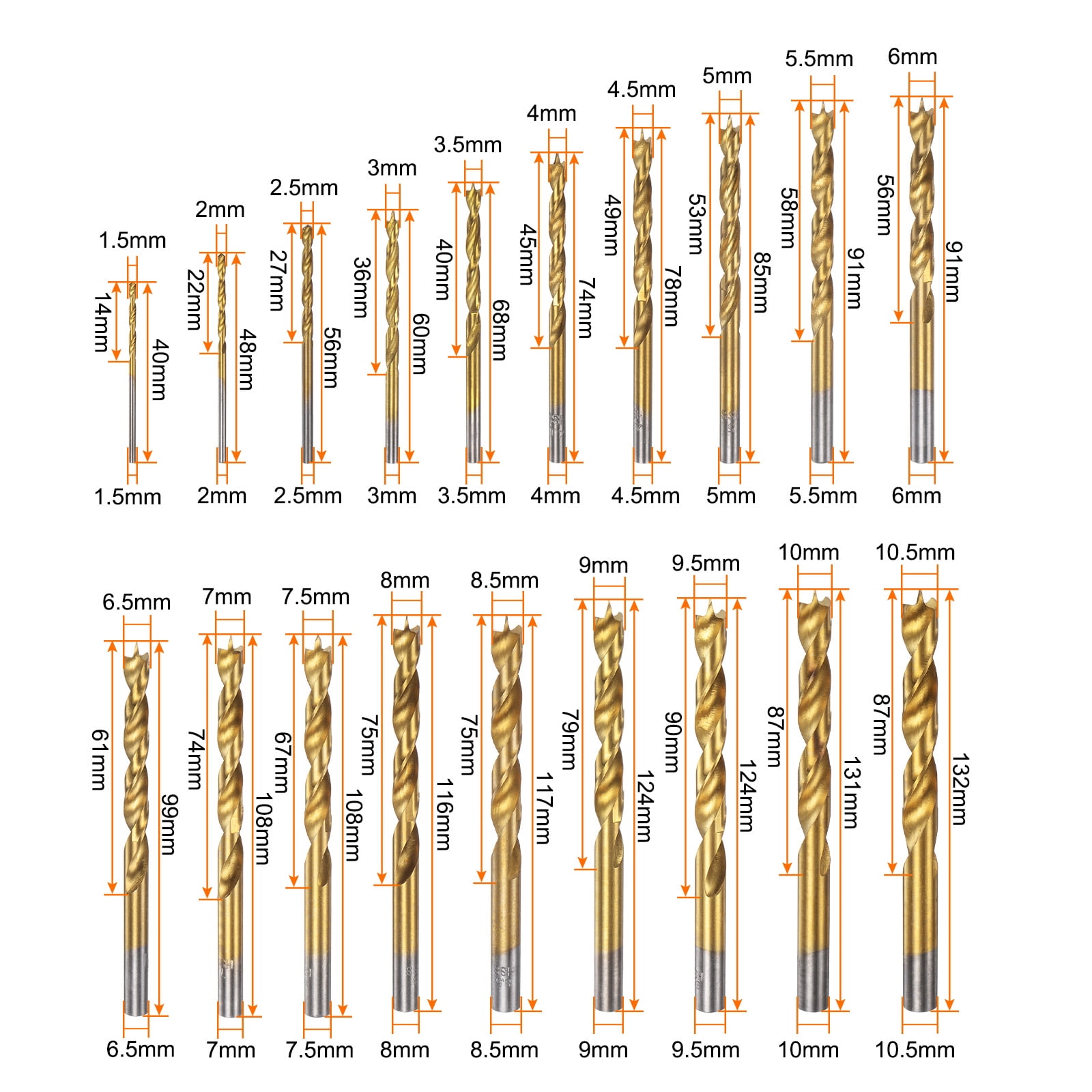 Uxcell Brad Point Drill Bit Set 1.5mm-10.5mm Dia HSS4241 Golden 19in1 Set