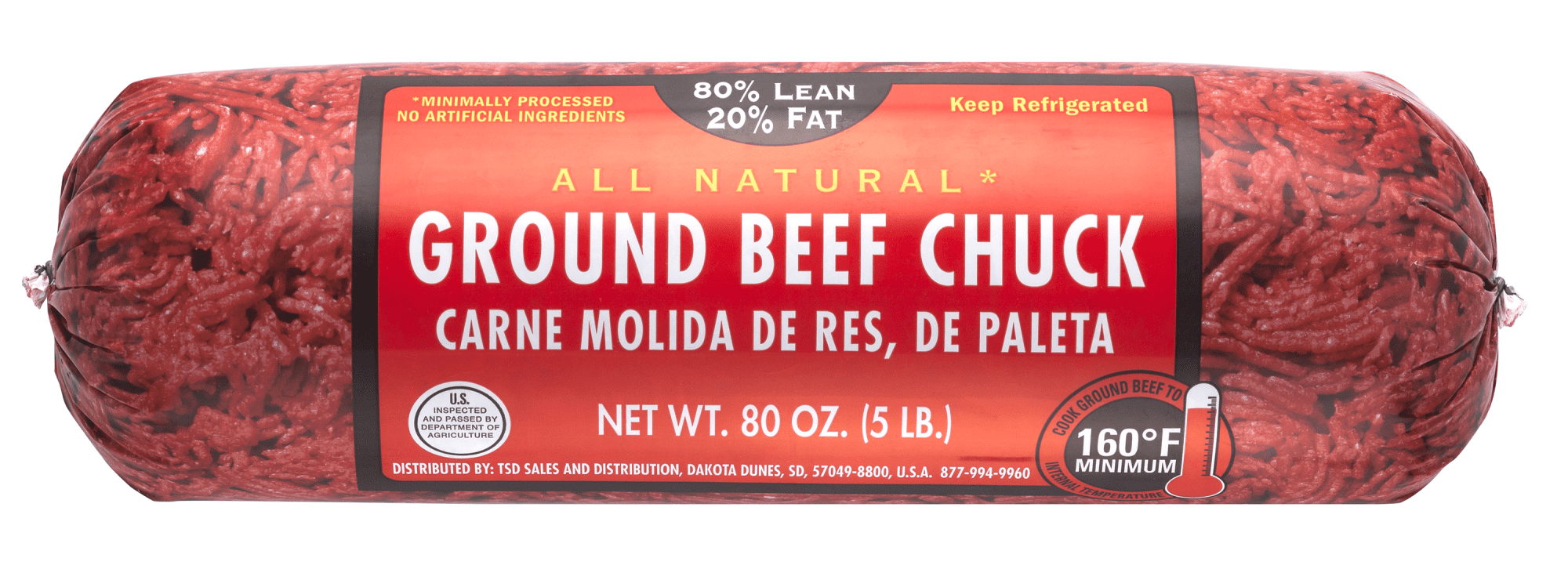 All Natural* 80 Lean/20 Fat Ground Beef Chuck Roll, 5 lb Walmart