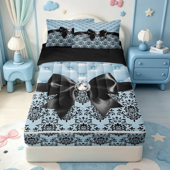 Manfei Retro Damask Baroque Zipper Twin Comforter Sets with Fitted Sheet and 2 Pillowcases,Black Dreamy Bowknot Zipper Bedding Set,Black Reversible,4 Pieces