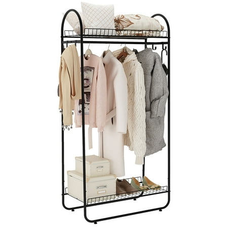 Langria Metal Garment Rack With 2 Wire Baskets For Bedroom