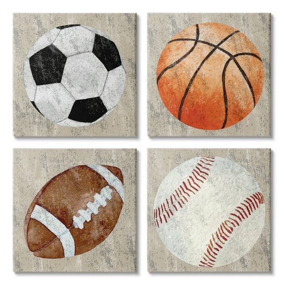 Stupell Industries Various Rustic Sports Balls Art for Kids Painting Gallery Wrapped Canvas Art Print Wall Art, 17 x 17, Set of 4